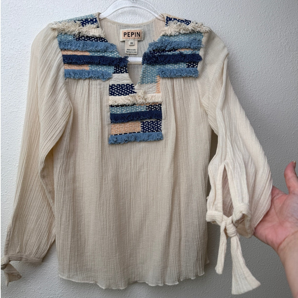 Pepin Blouse Cream Boho Gauze V Neck Tunic Women US XS