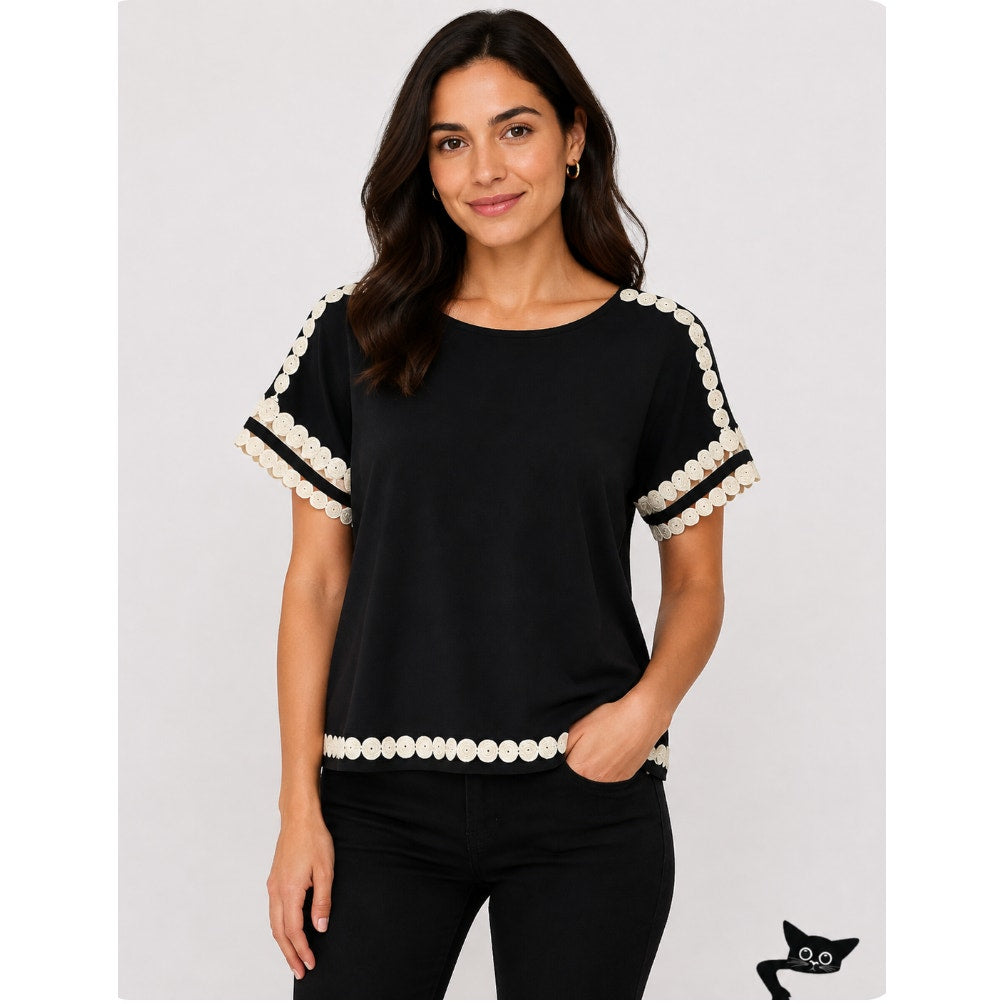 J Crew Comfy Black and Cream Embroidery Stitch Circles Sleeve Hem Design Top XXS