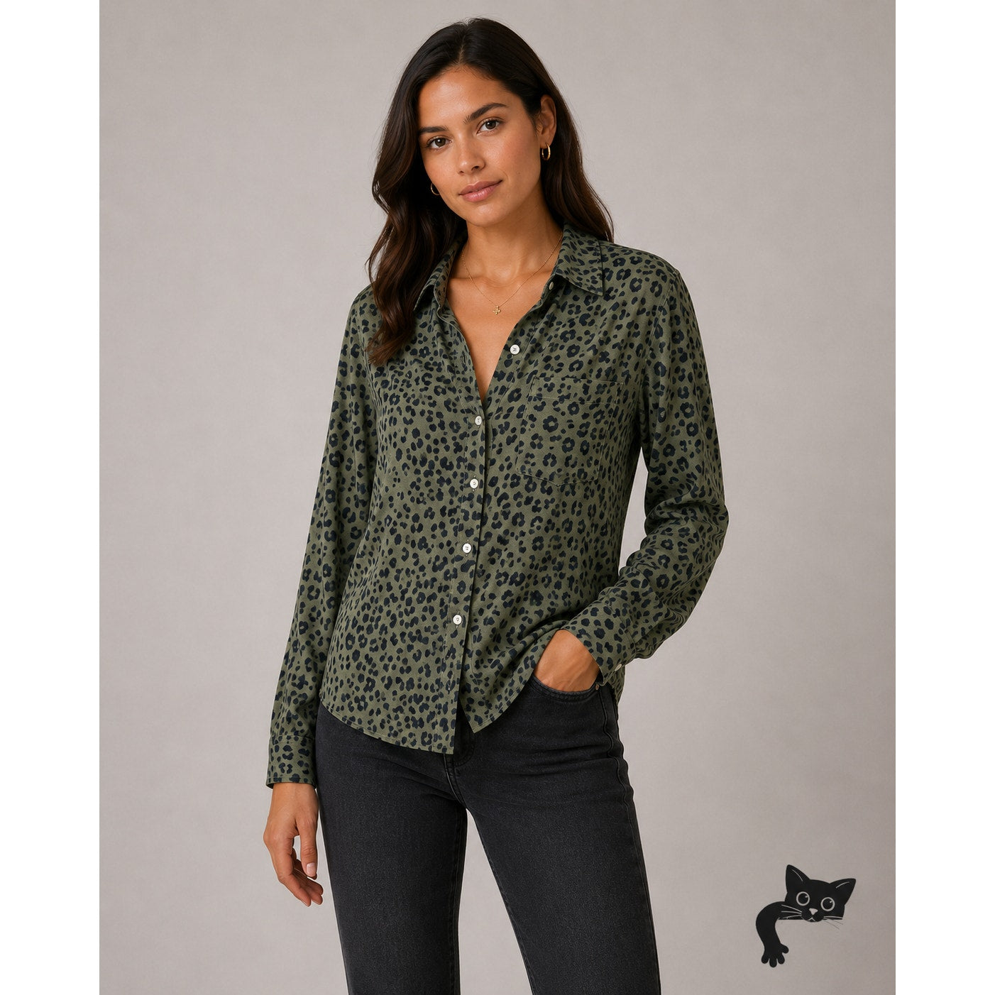 Rails Kate Olive Cheetah Print Long Sleeve Button Down Silk Blouse S