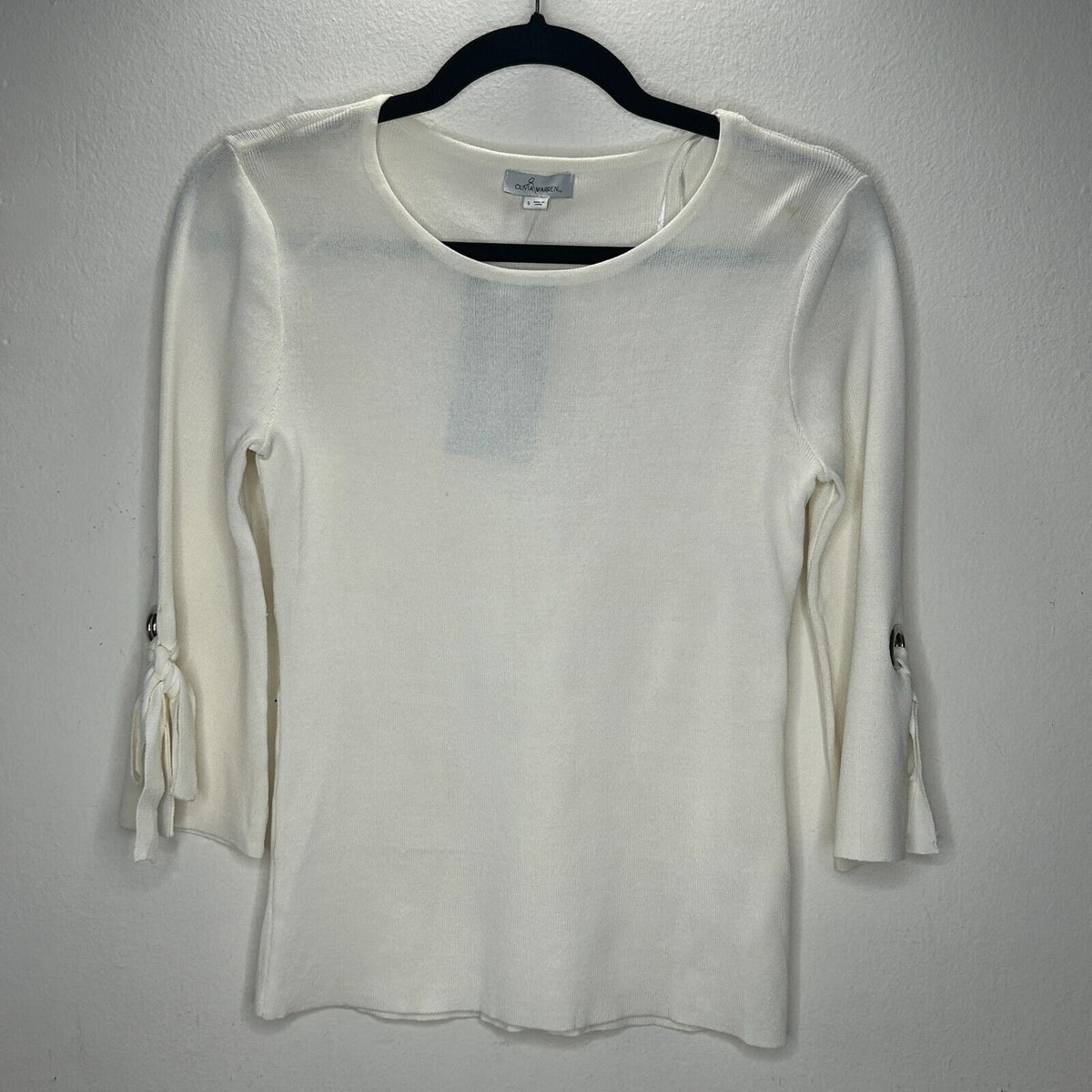 NWT Olivia Warren Off-White Round Neck 3/4 Grommet Tie-Sleeve Sweater Small