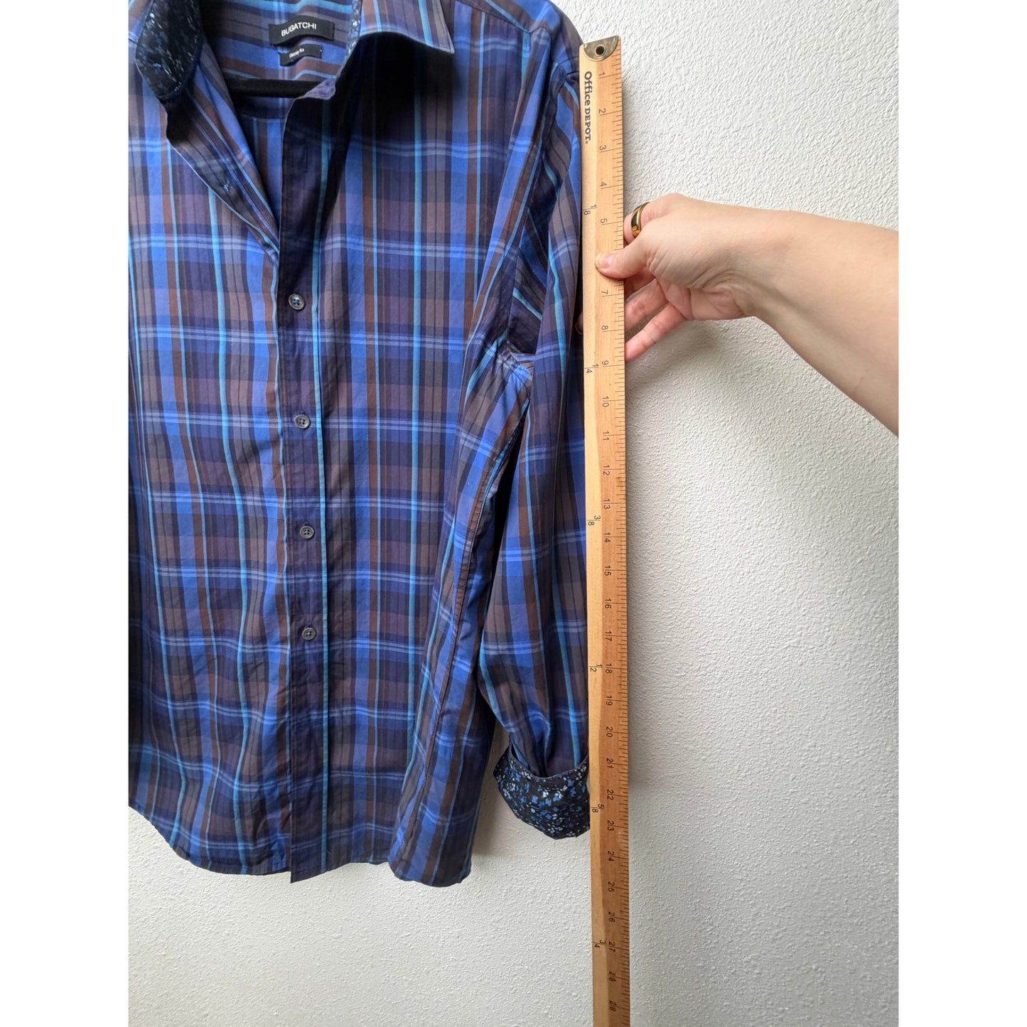 Bugatchi Plaid Button Front Shirt Blue Brown Gray Men’s L