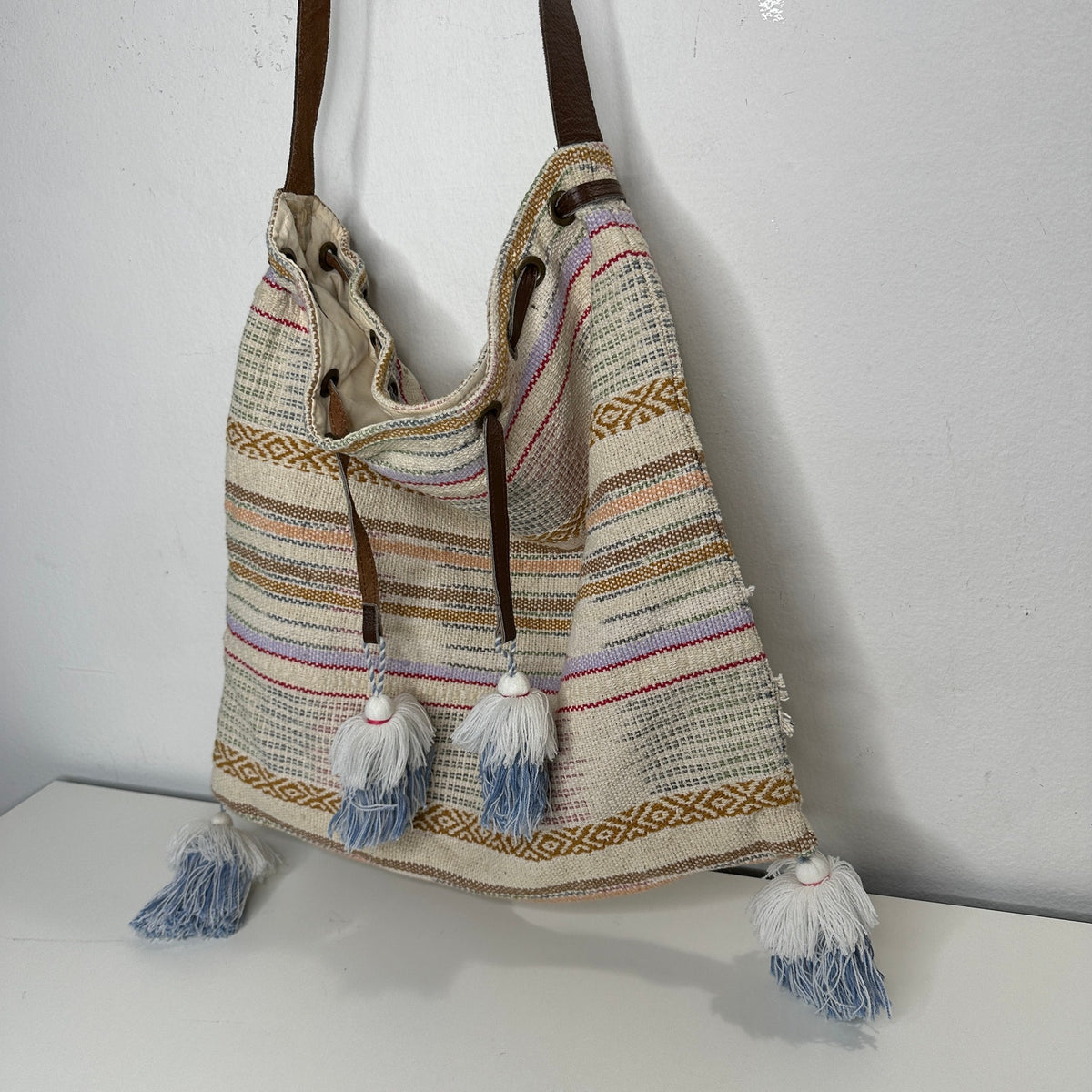 Lovestitch Tan Multicolor Striped Canvas Boho Bag Drawstring Snap Closure
