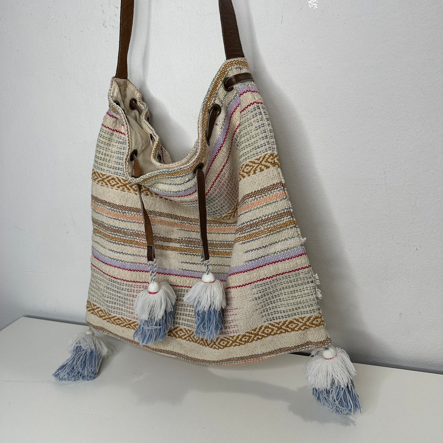 Lovestitch Tan Multicolor Striped Canvas Boho Bag Drawstring Snap Closure