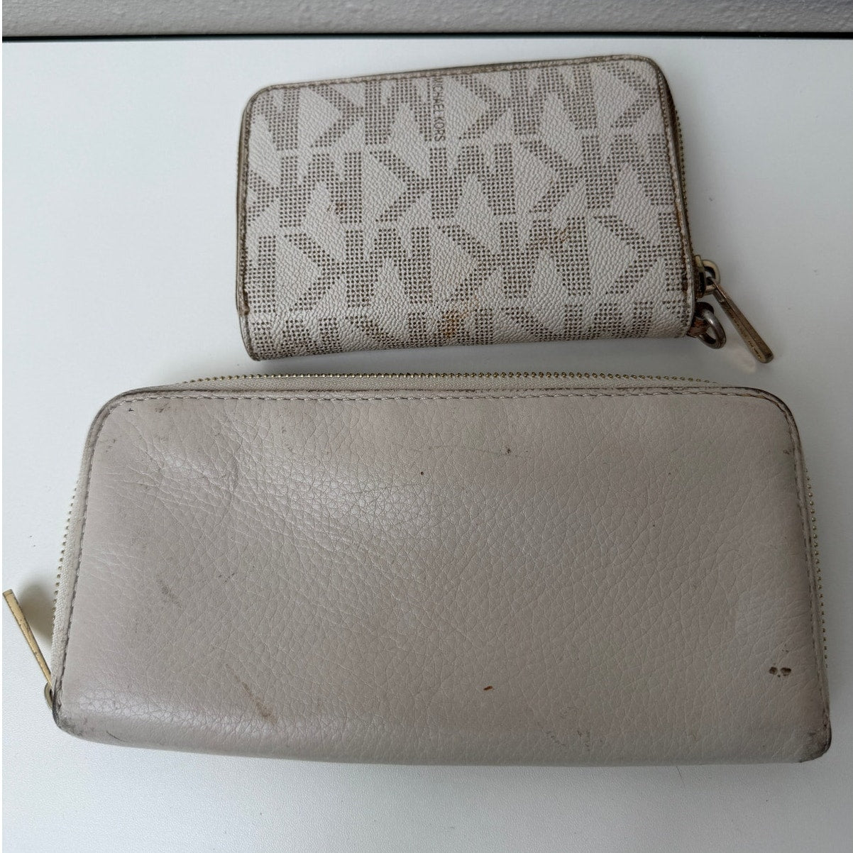 Michael Kors Set of 2 Cream Beige Signature Logo Zip Wallets