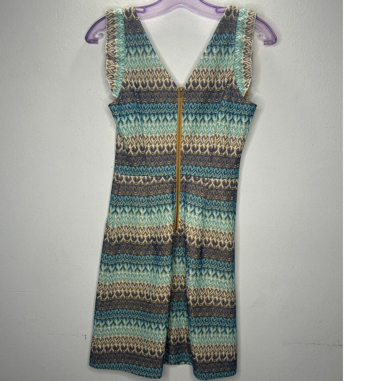 Tabitha Teal Brown Blue Cream Crochet Stripe V-Neck Ruffle Cap Sleeve Mini Dress