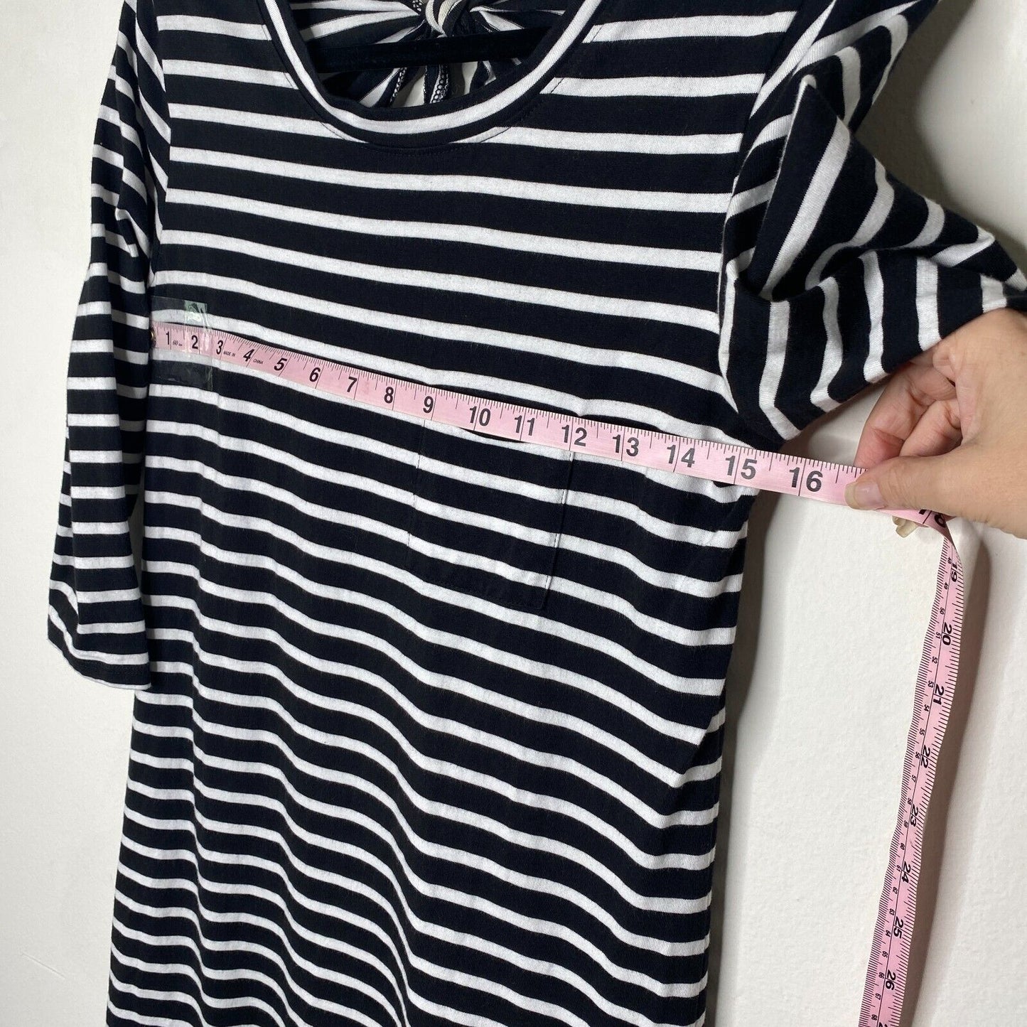 Evereve Sanctuary 3/4 Sleeve Black & White Stripe Open Back Tie Neck Dress XS