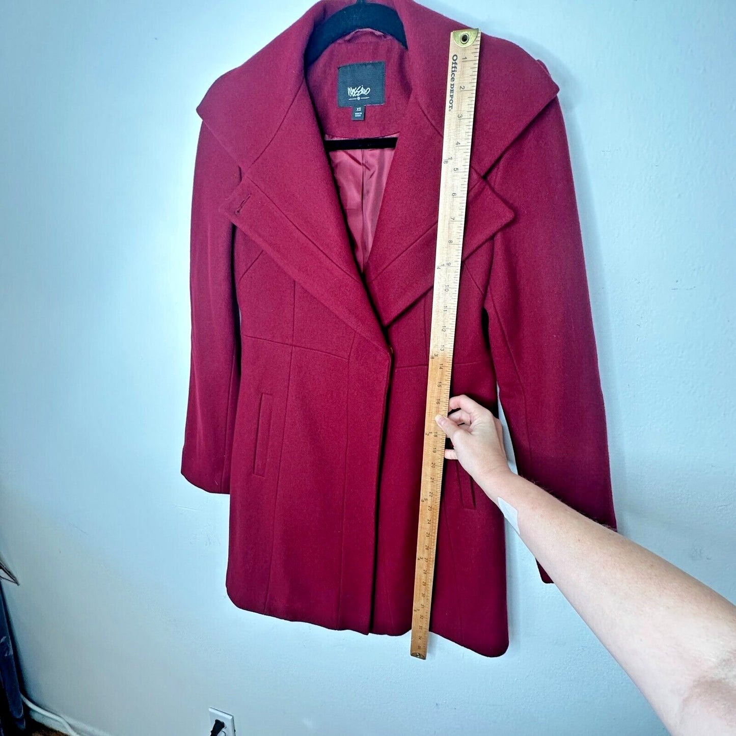 Mossimo Burgundy Red Wool Fitted Long Line Front two Button Coat Welt Pockets XS