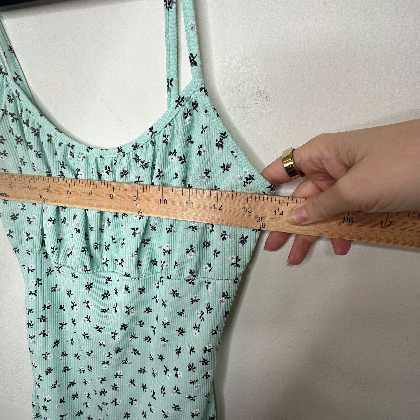Ditsy Mint Floral Rouched Bust Rib Knit Spaghetti Strap Jersey Mini 6