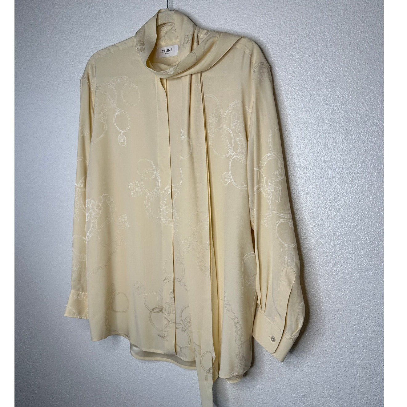 NWT Celine Pale Yellow Chemise Boyfriend Lavallieri Silk Chain Blouse 40 / L