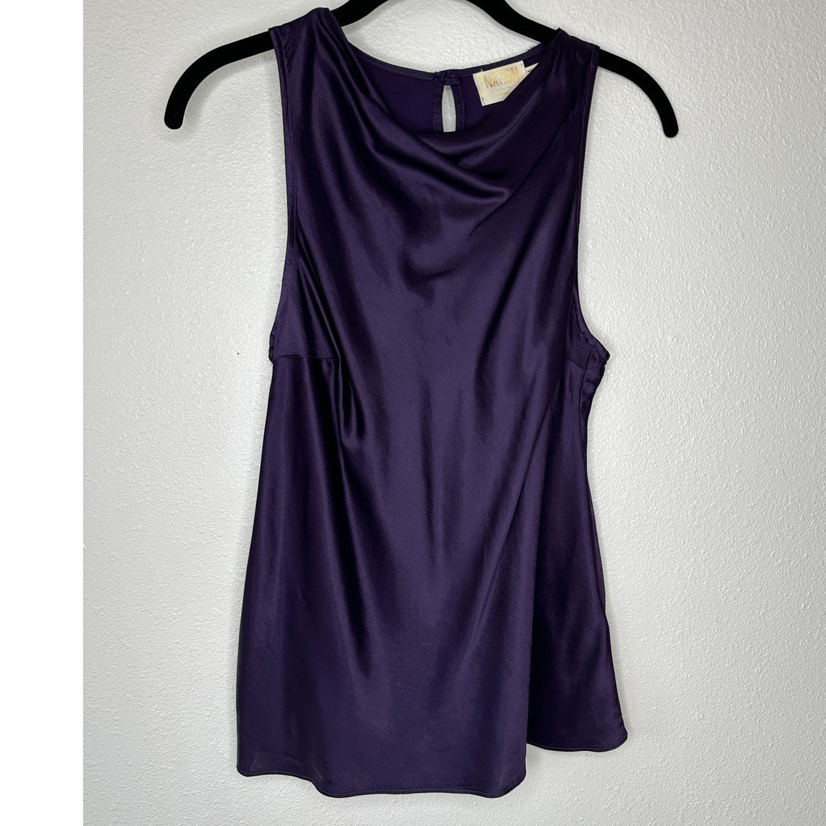 Nation Dark Purple Satin Mock Neck Sleeveless Keyhole Back Blouse S