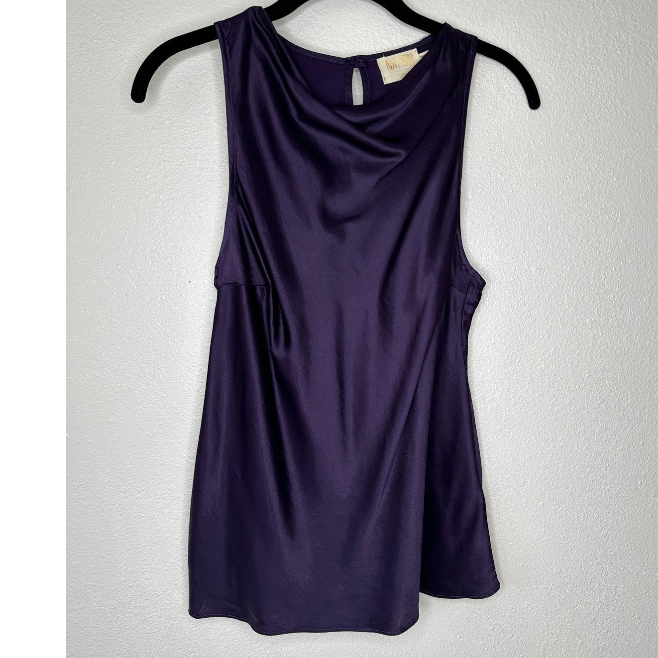 Nation Dark Purple Satin Mock Neck Sleeveless Keyhole Back Blouse S