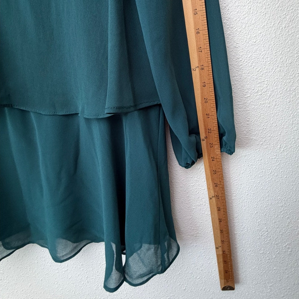 NWT Zara Green Chiffon Tiered Ruffle Long Sleeve Mini Dress Women's US S