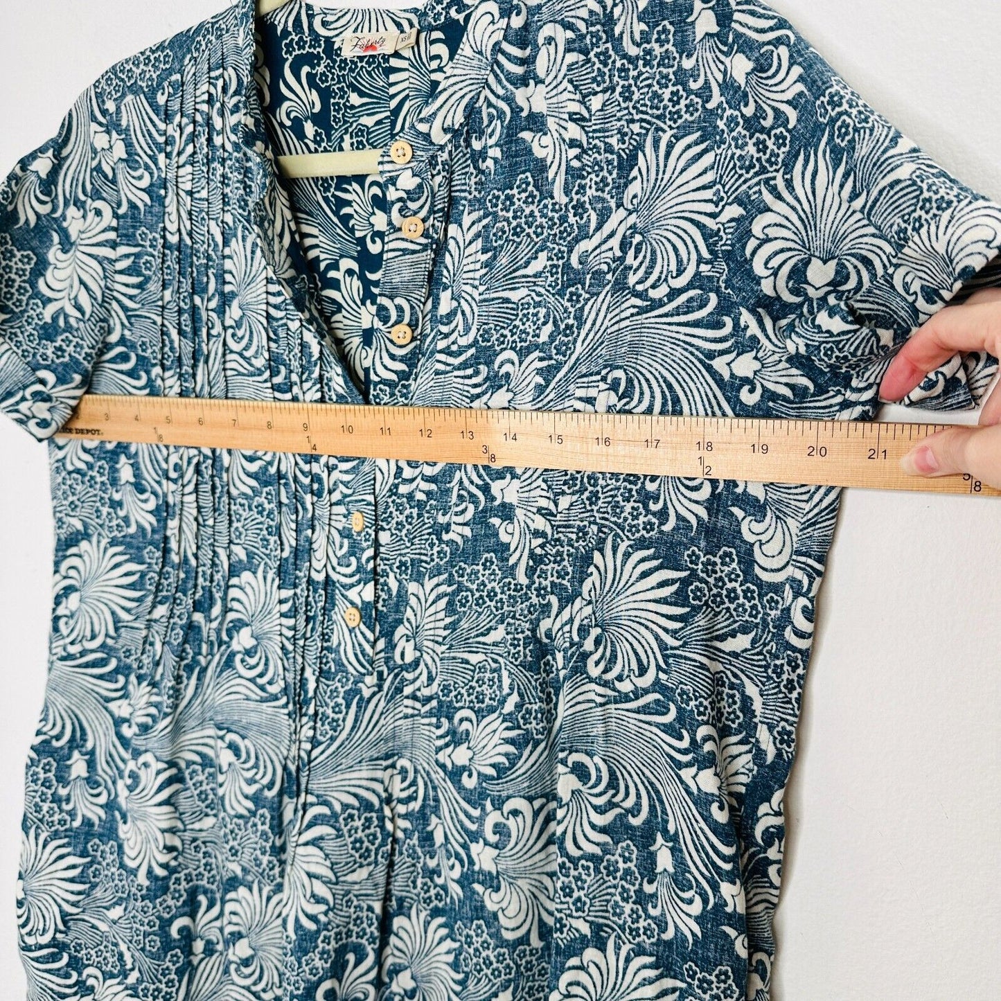 Faherty Cream & Blue Hawaiian Print Gemina Tunic Dress Split VNeck Short Sleeve