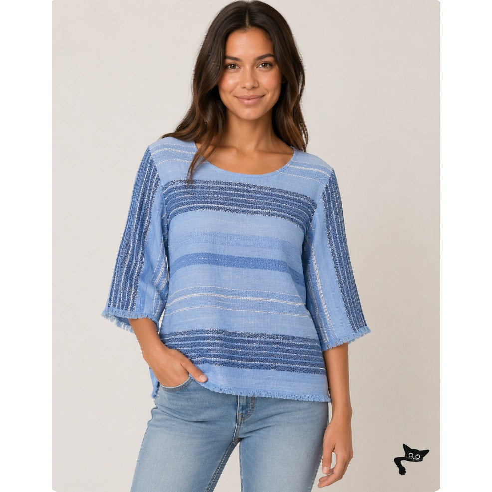 Cloth & Stone Light Blue & Navy Stripe Linen Bell Sleeve Raw Hem Tie Neck Top XS