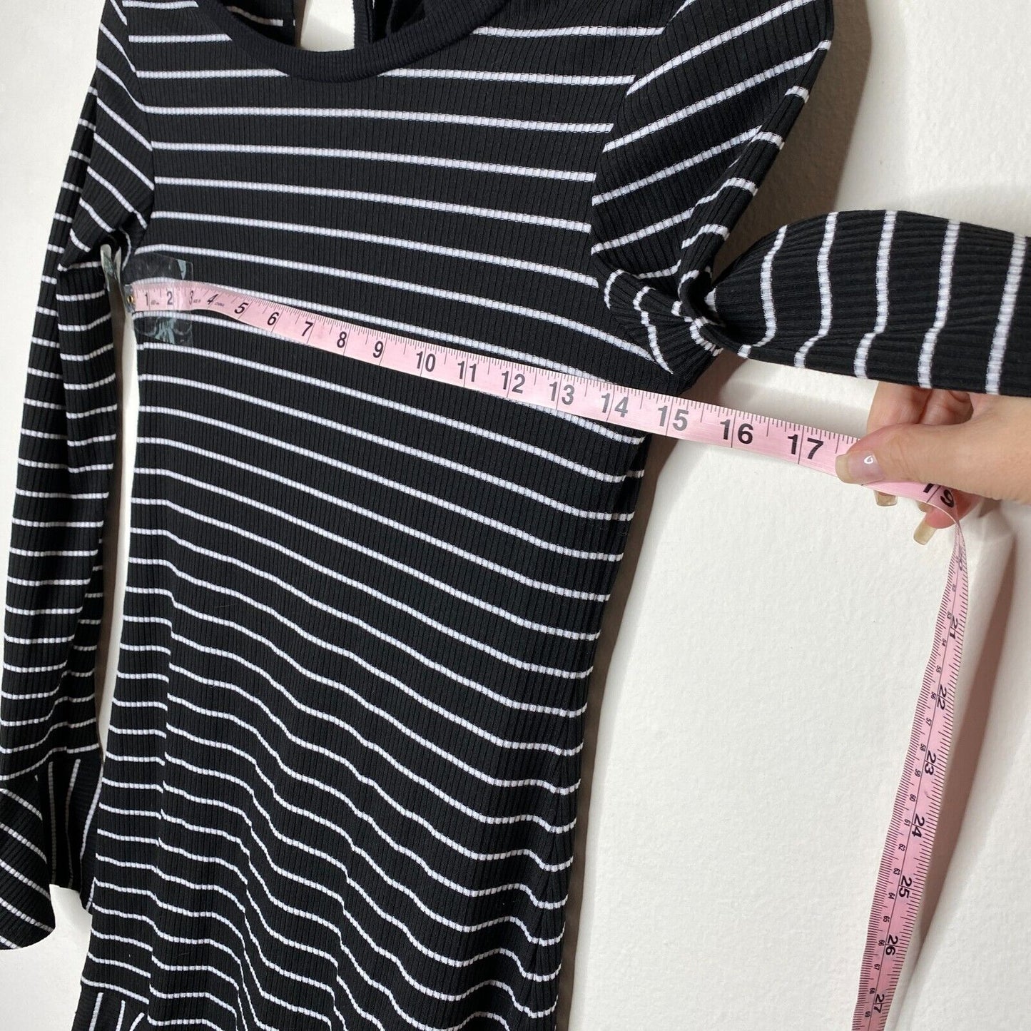 Saylor Black & White Stripe Tessa Bell Long Sleeve Keyhole Tie Knit Dress S