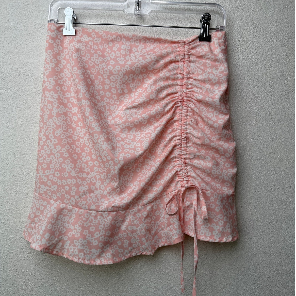 Pink Floral Ruched Ruffle Mini Skirt Womens S
