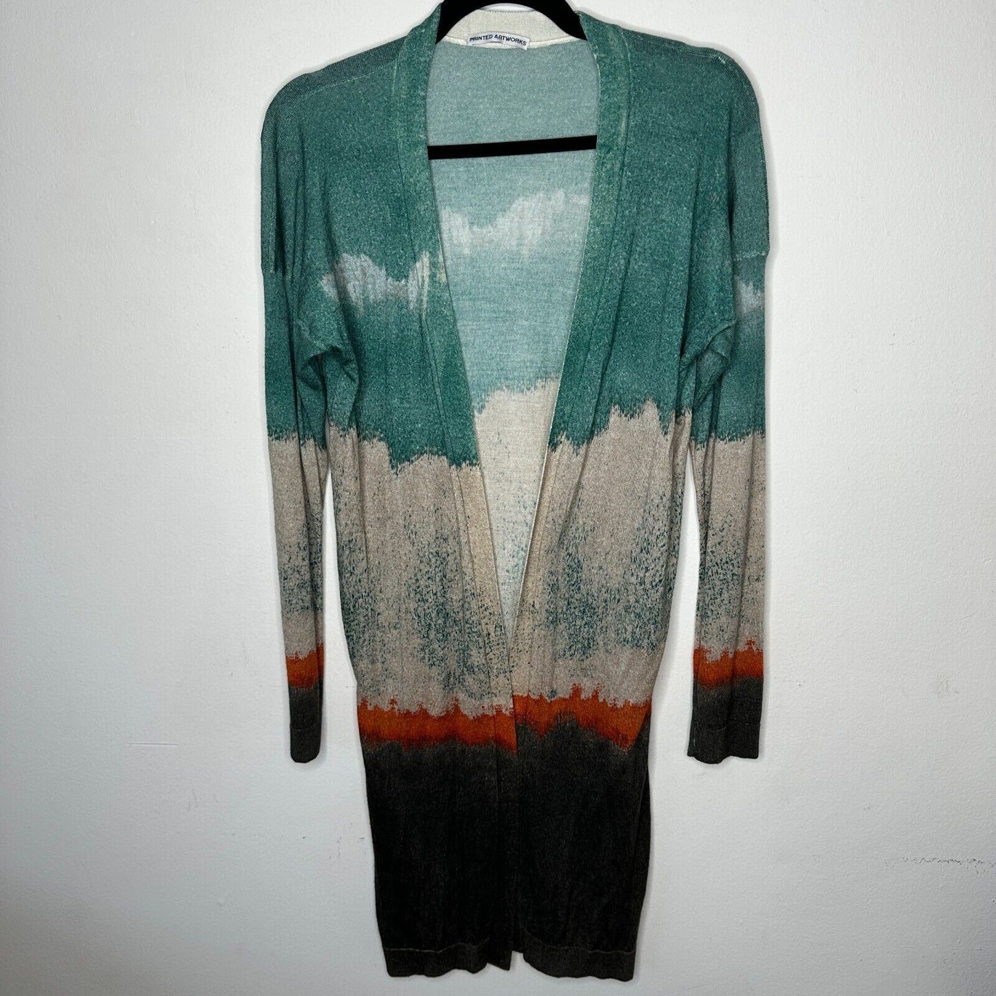 Printed Artworks Cashmere Silk Teal Tan Brown Orange Stripe Long Cardigan Small
