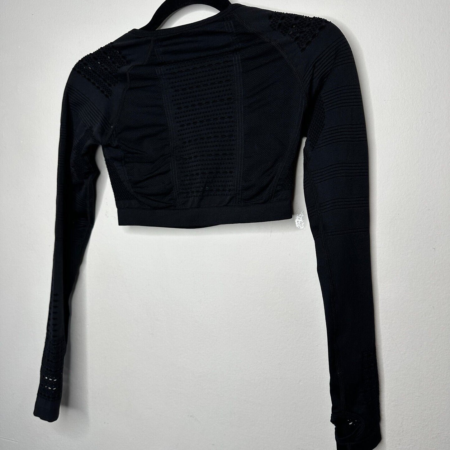 Jet Black Cropped Stretch Workout Top Long Sleeve Thumbholes Laser Cut Design SM