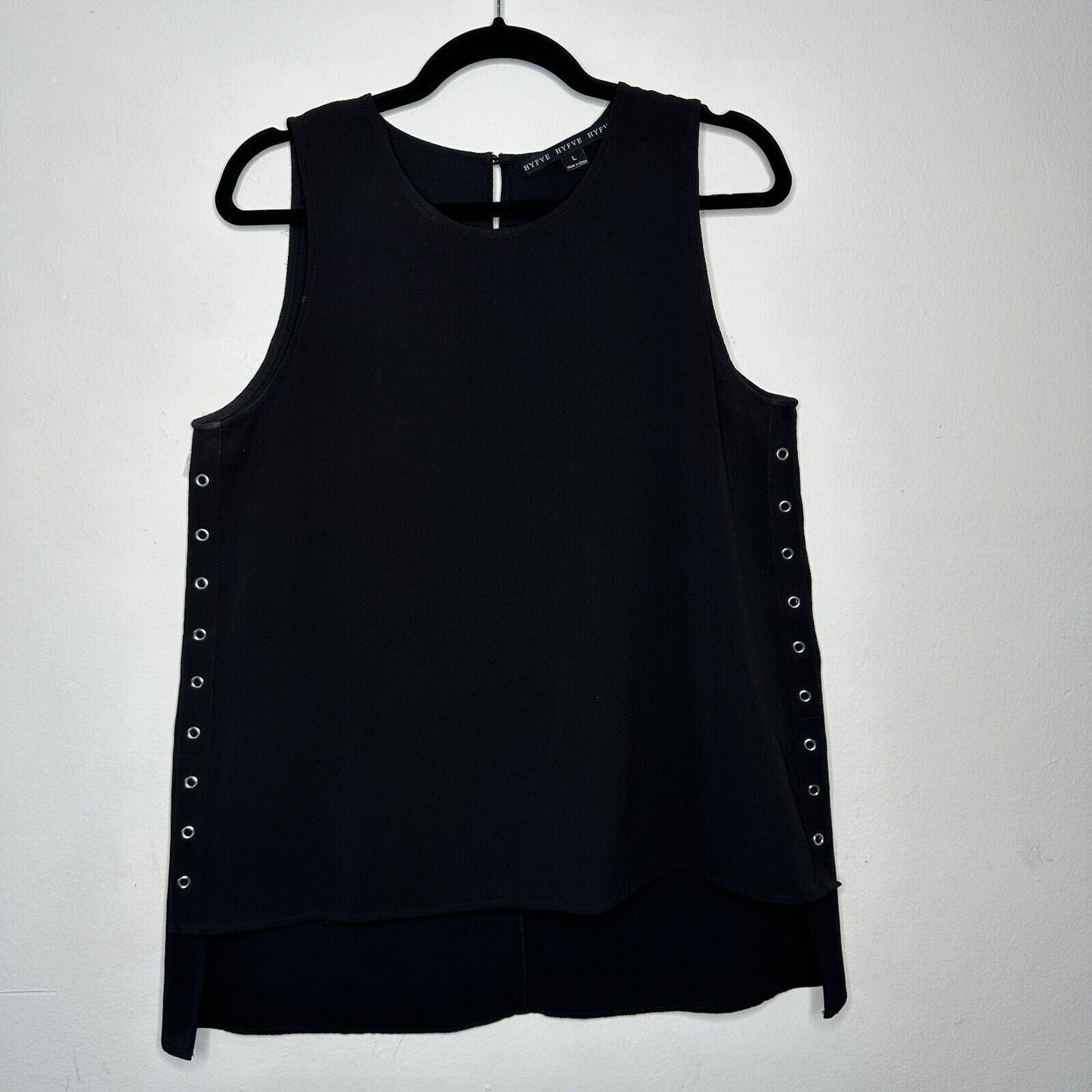 HYFVE Black with Silver Grommet Sleeveless Silky Hi Low Tunic Tank Keyhole Back