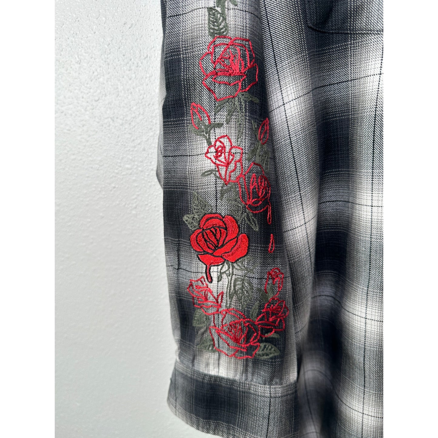 Adaptation Rose Embroidered Plaid Longline Shirt Dress Black White M