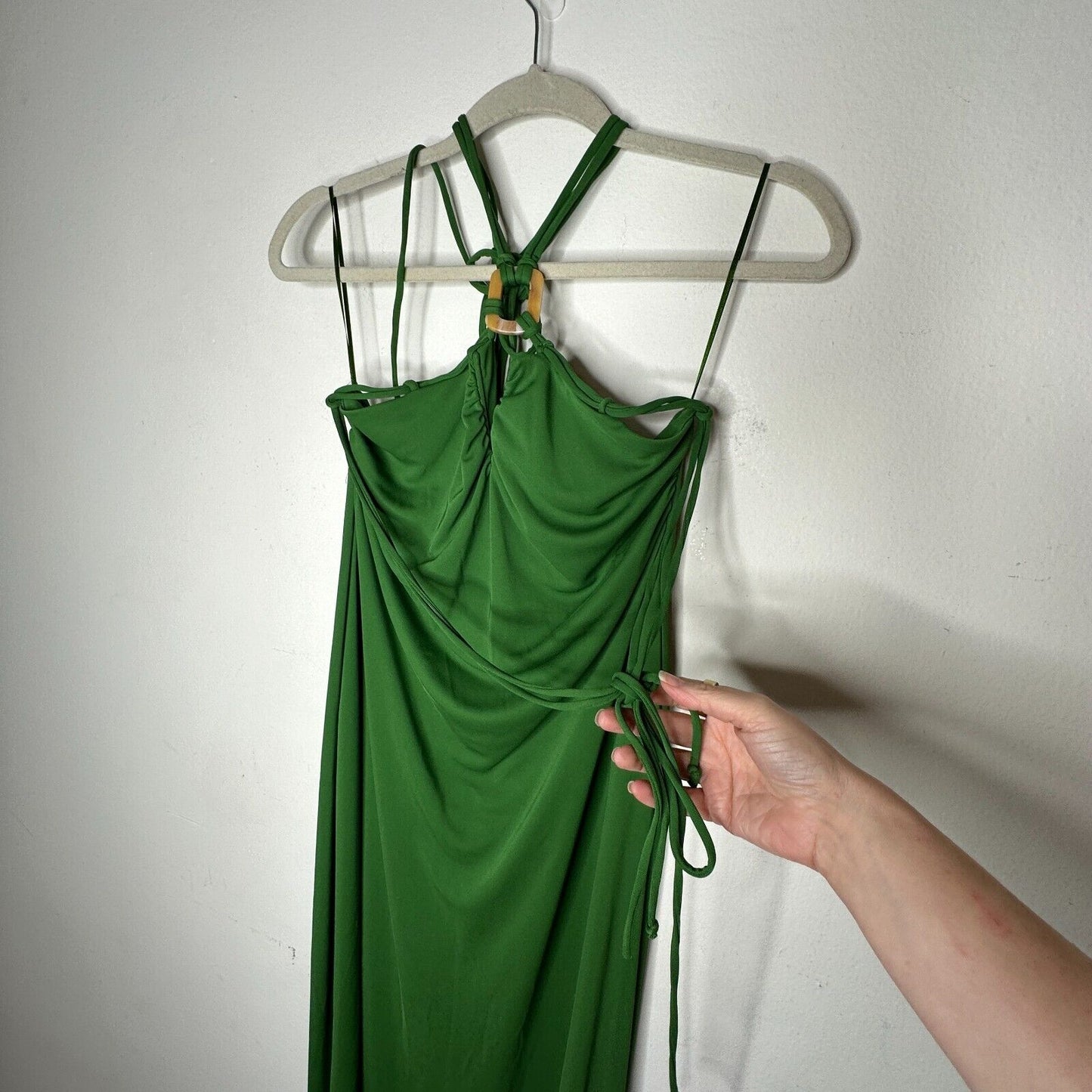 Zara Emerald Green Strapless V-Neck Keyhole Halter Top Tie Back Maxi Dress M