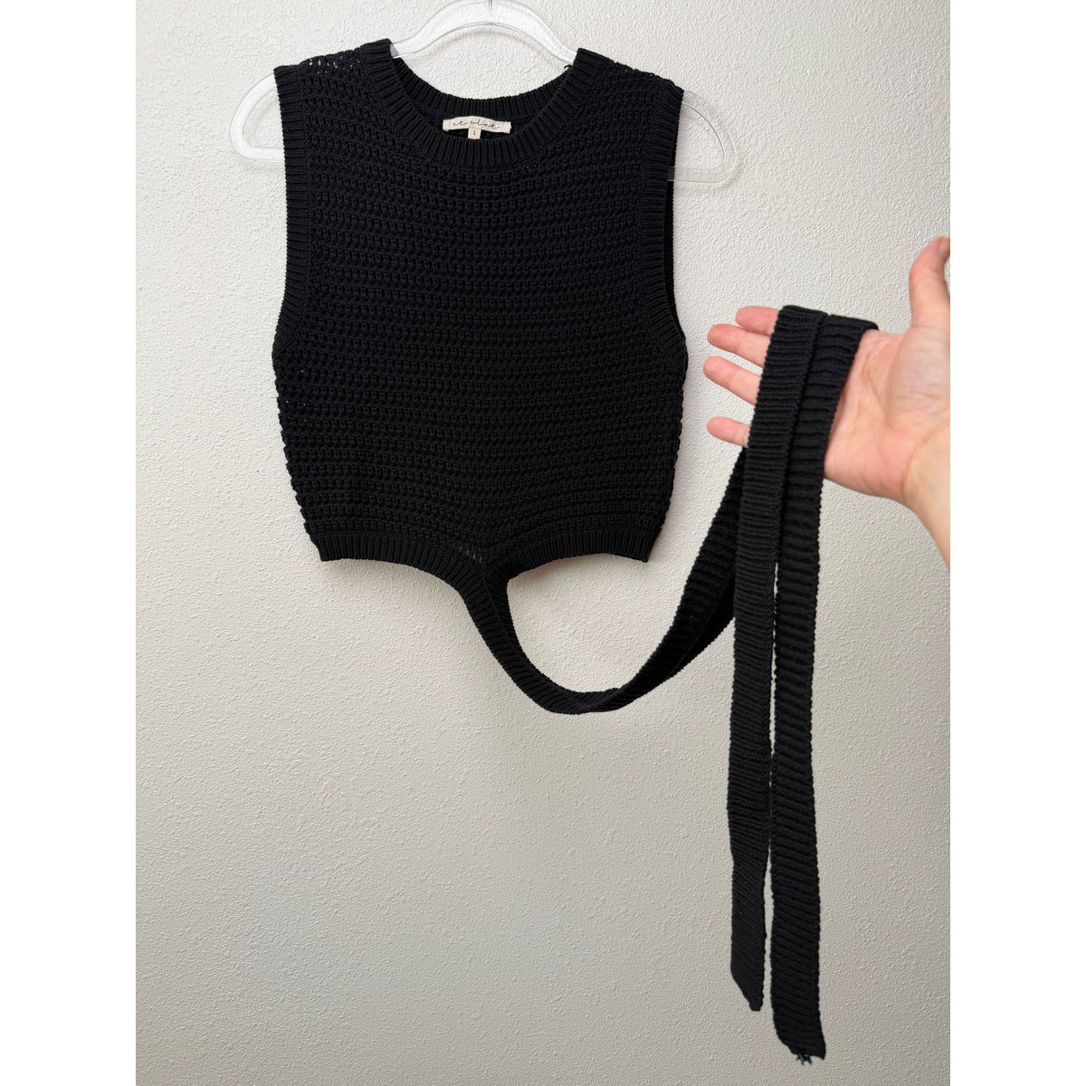 Et Clet Black Crochet Open Knit Wrap Tie Crop Sweater Vest L