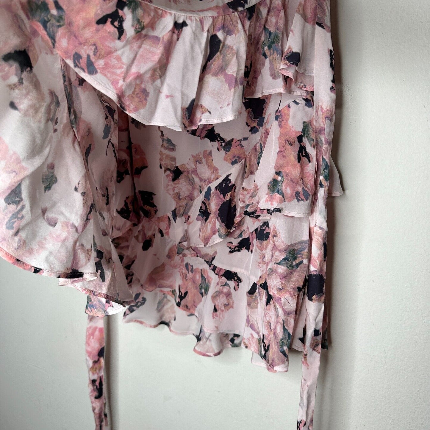 Iro Floral Light Pink Abstract Daring Wrap Flowy Layered Ruffled Mini Skirt 40