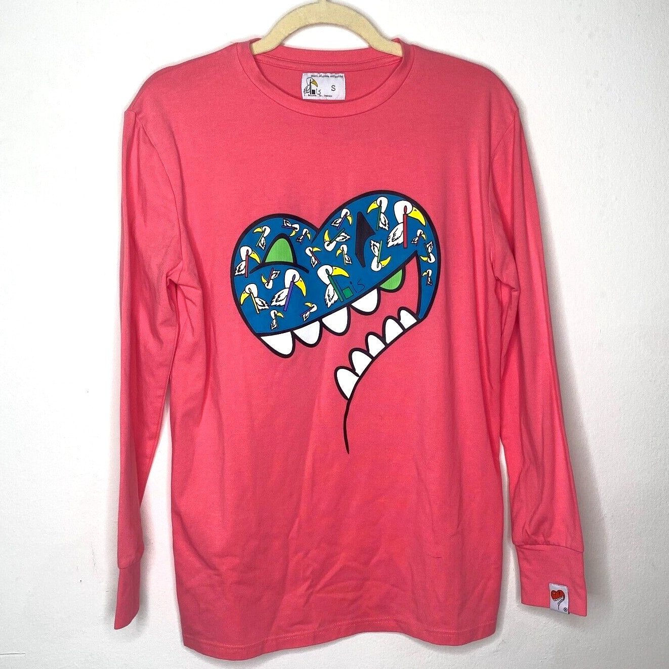 RARE Ibis Heart On Sleeve Collection Pink Coral Tee Long Sleeve Fine Cotton SM