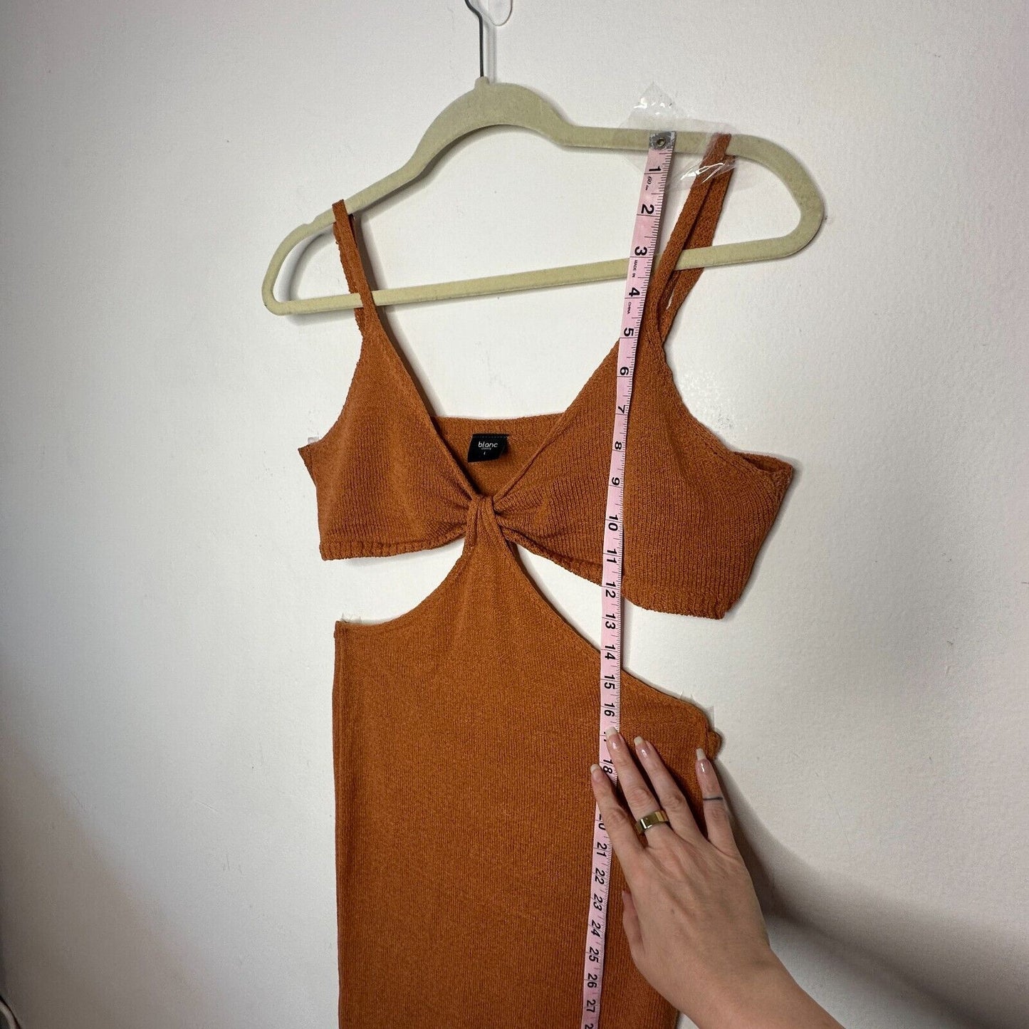 Blanc Clothing Sexy Camel Cut-Out Front Knot Spaghetti Strap Knit Maxi Dress L