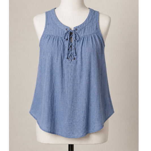 Allison Joy Blue Front Lace-Up Curved Hem Sleeveless Flowy Tank Top Blouse XS