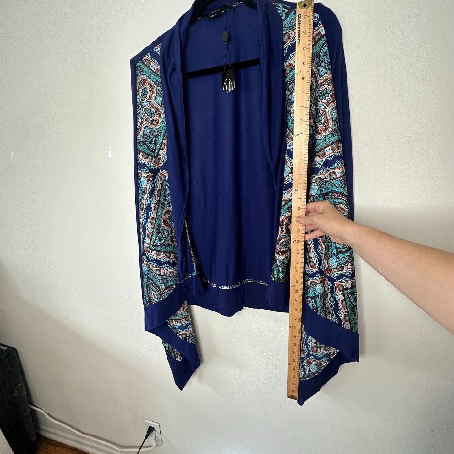 Vertigo Satin High Low Paisley Royal Blue Orange Long Sleeve Drape Cardigan S