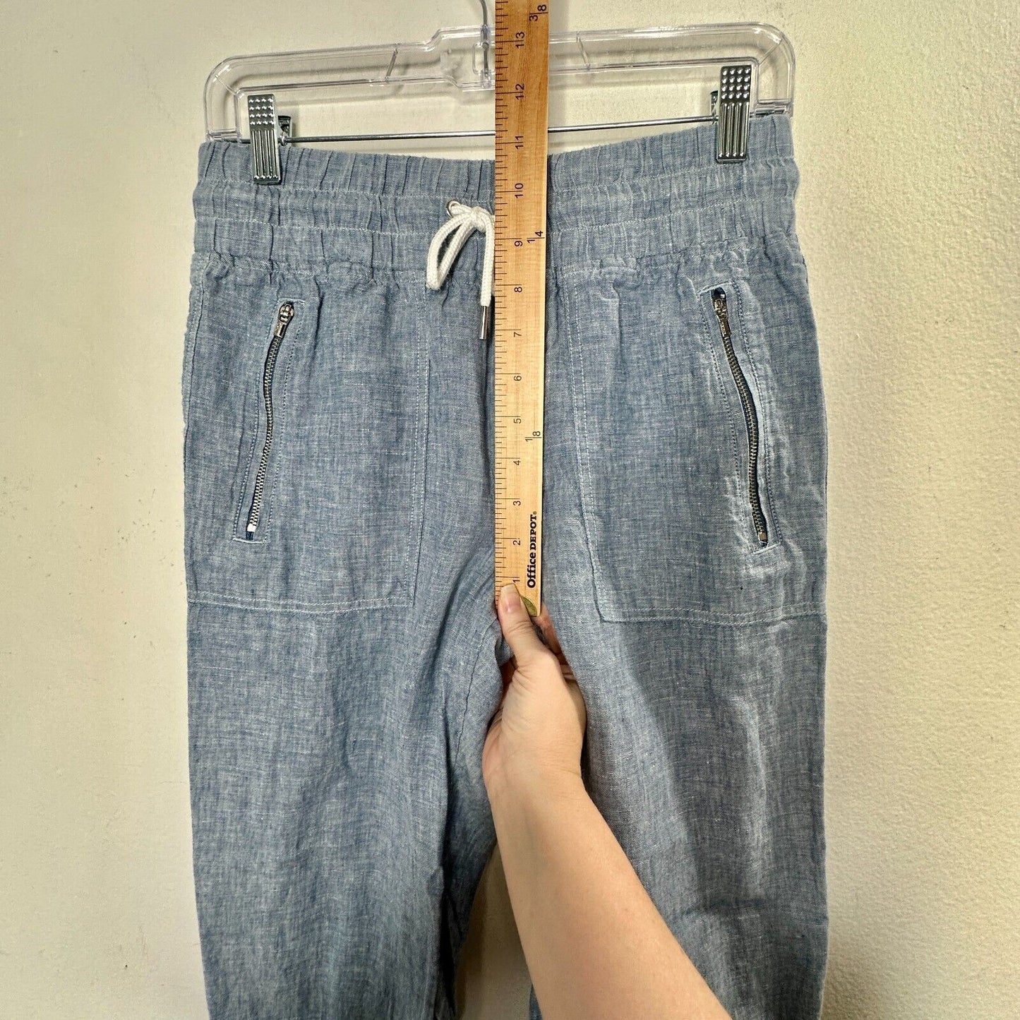 Athleta Chambray Blue Cabo Casual Linen Jogger Pant Tie Waist Front Zip 4