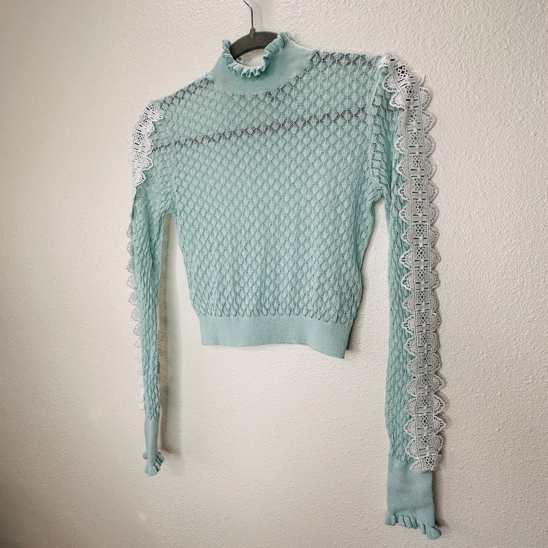 ZARA Aqua Crochet Knit White Lace Stripe Ruffle Neck  Crop Sweater S