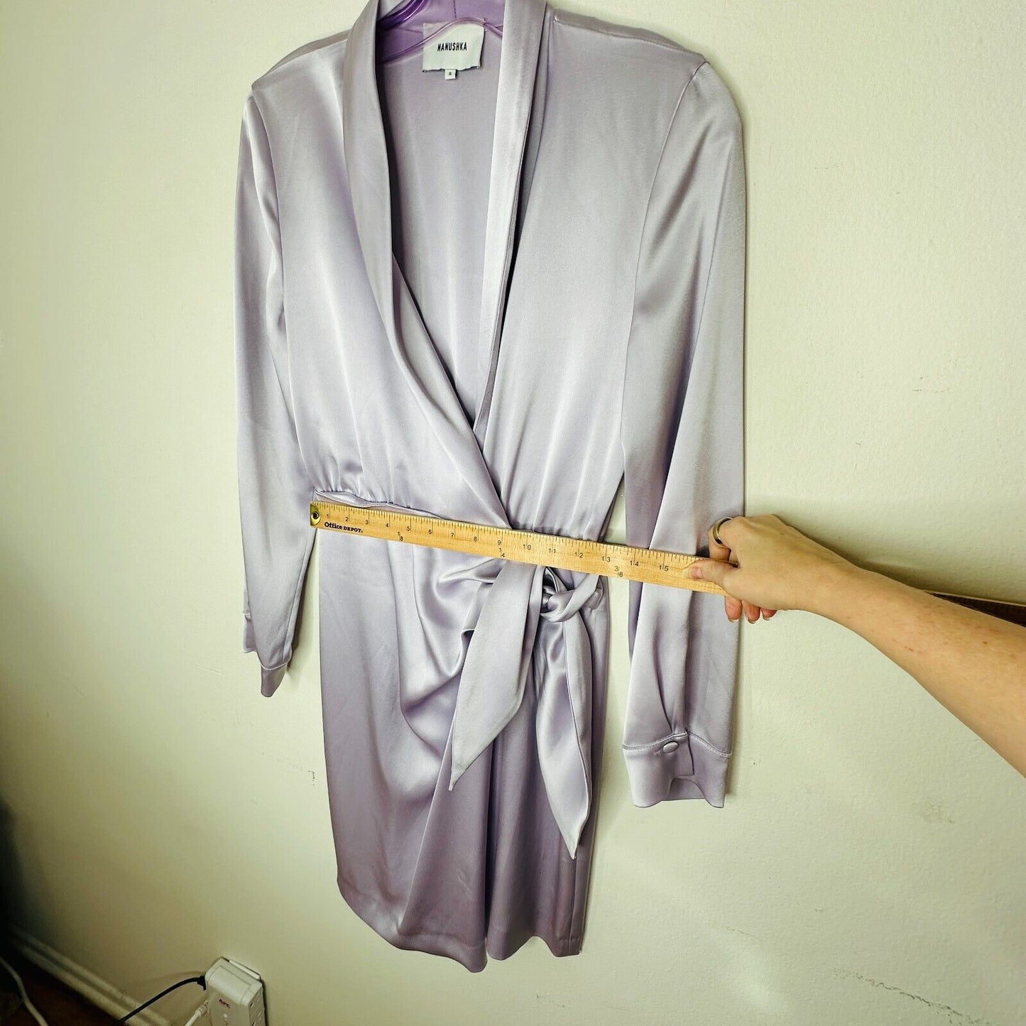 Nanushka Lilac Siwa Tech Satin Wrap Dress Asymmetrica V-Neck Concealed Snap S