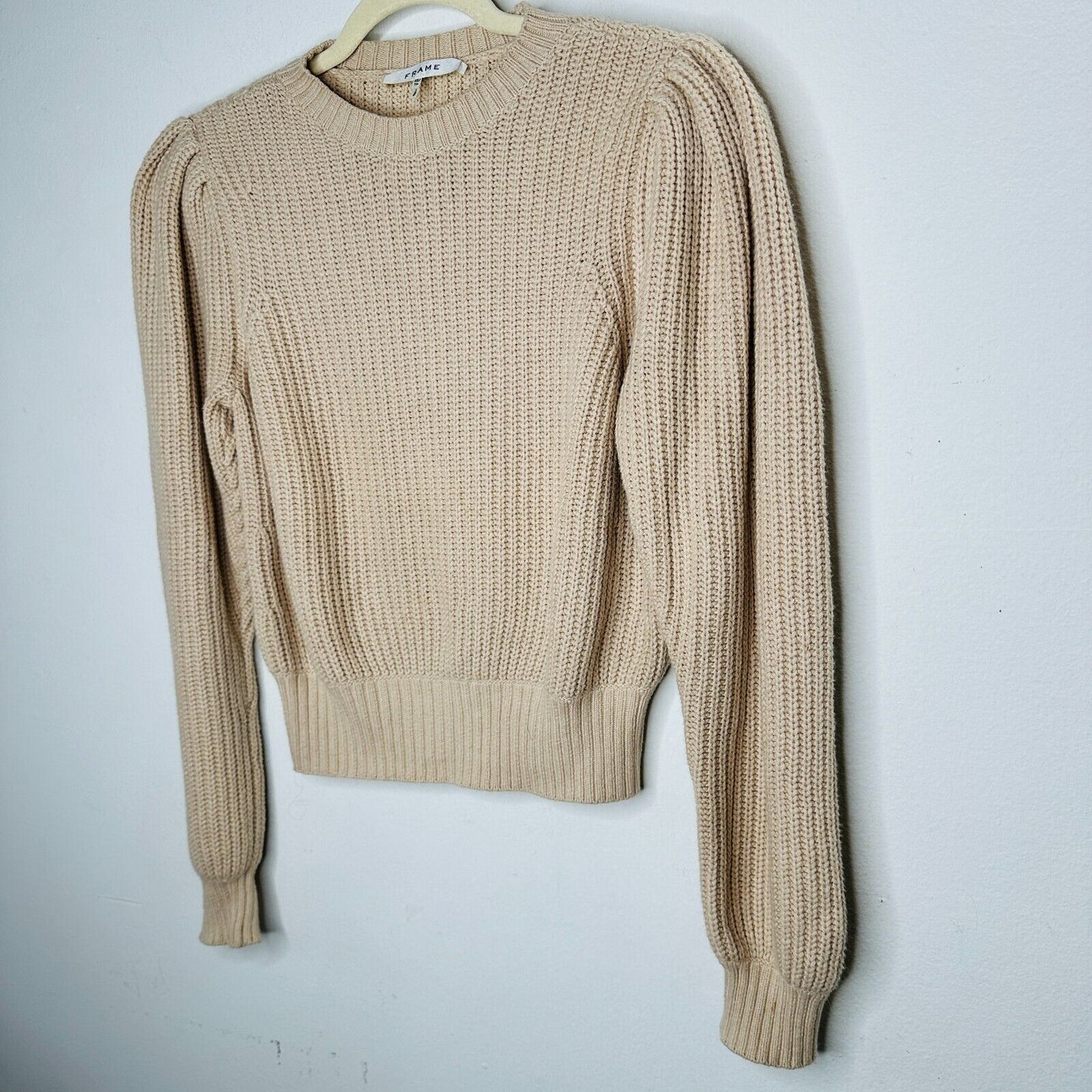 Frame Tan Ribbed Cable Knit Crew Neck Balloon Puff-Sleeve Banded Crop Sweater XS