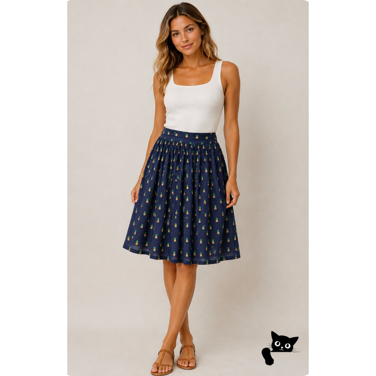 Mo:Vint NY Navy Pineapple Print Pleated Tie Pocket Circle Cotton Midi Skirt SM