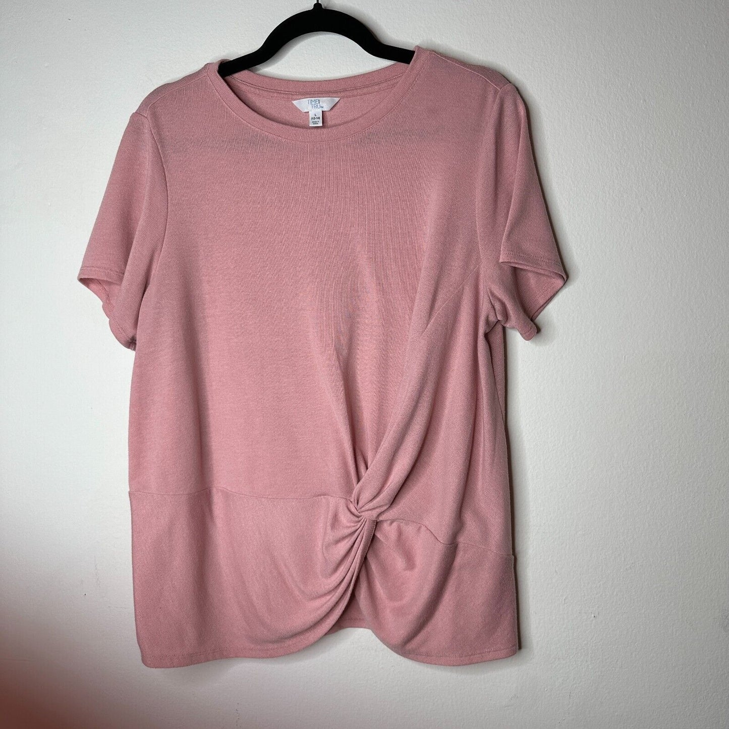 Time & Tru Pink Front-Twist Tie Short Sleeve Wide Round Neck Flowy Tunic Top L