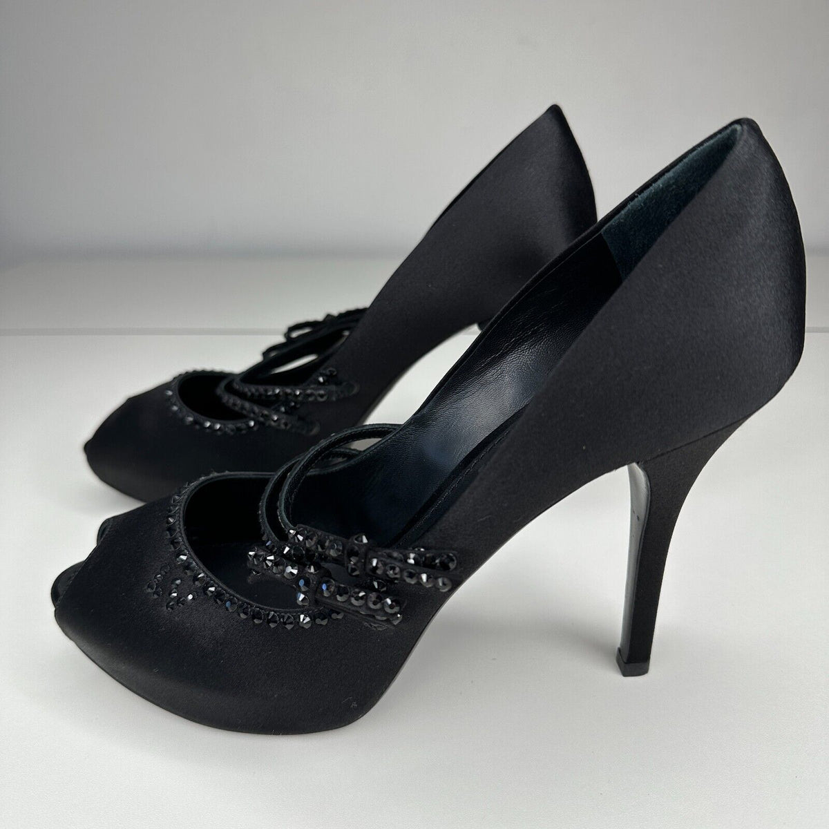 Louis Vuitton Vintage Black Satin Open Toe Crystal Strap Embellished Pumps 37.5