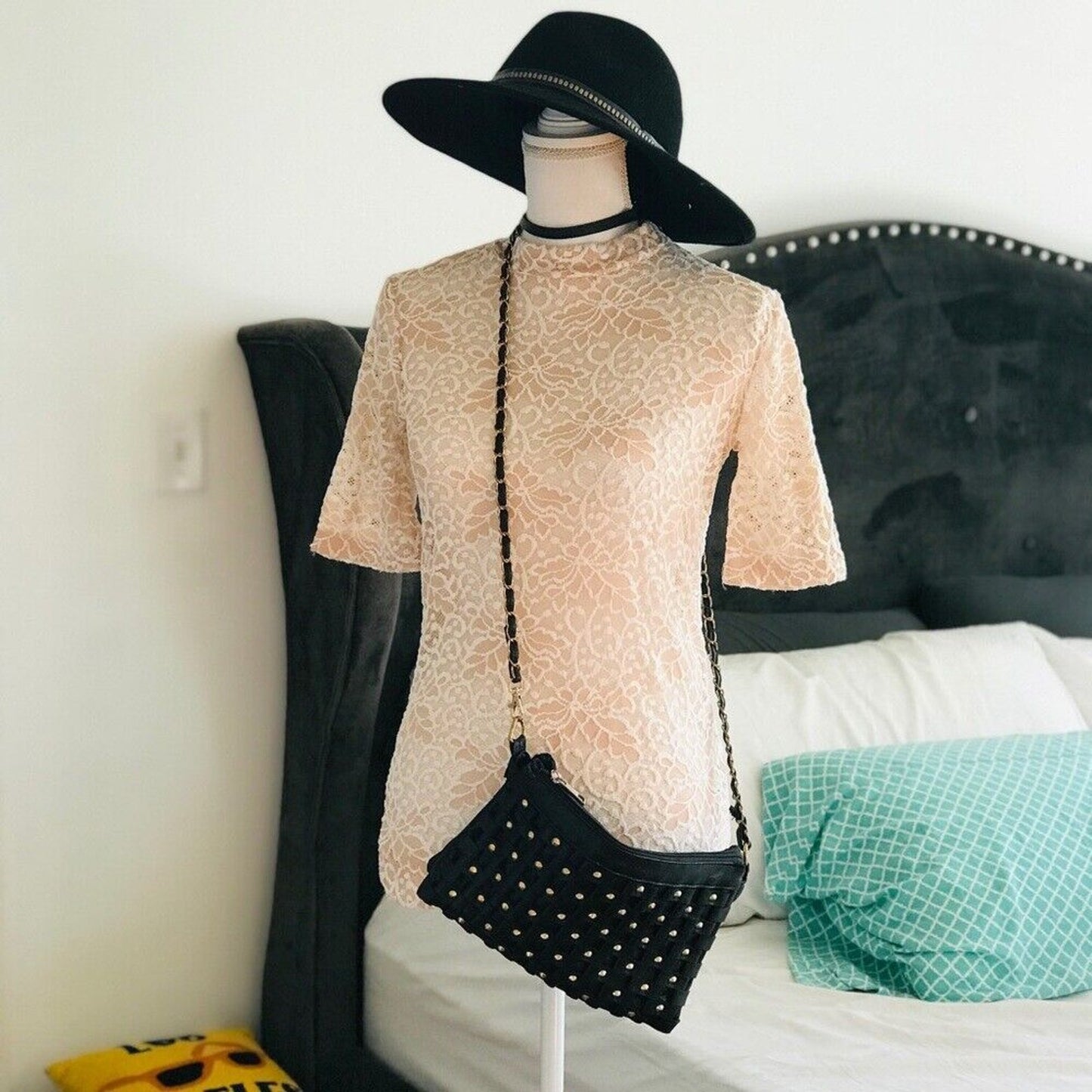 Mock Neck Bell Short Sleeve Blouse Sheer Floral Lace Design M