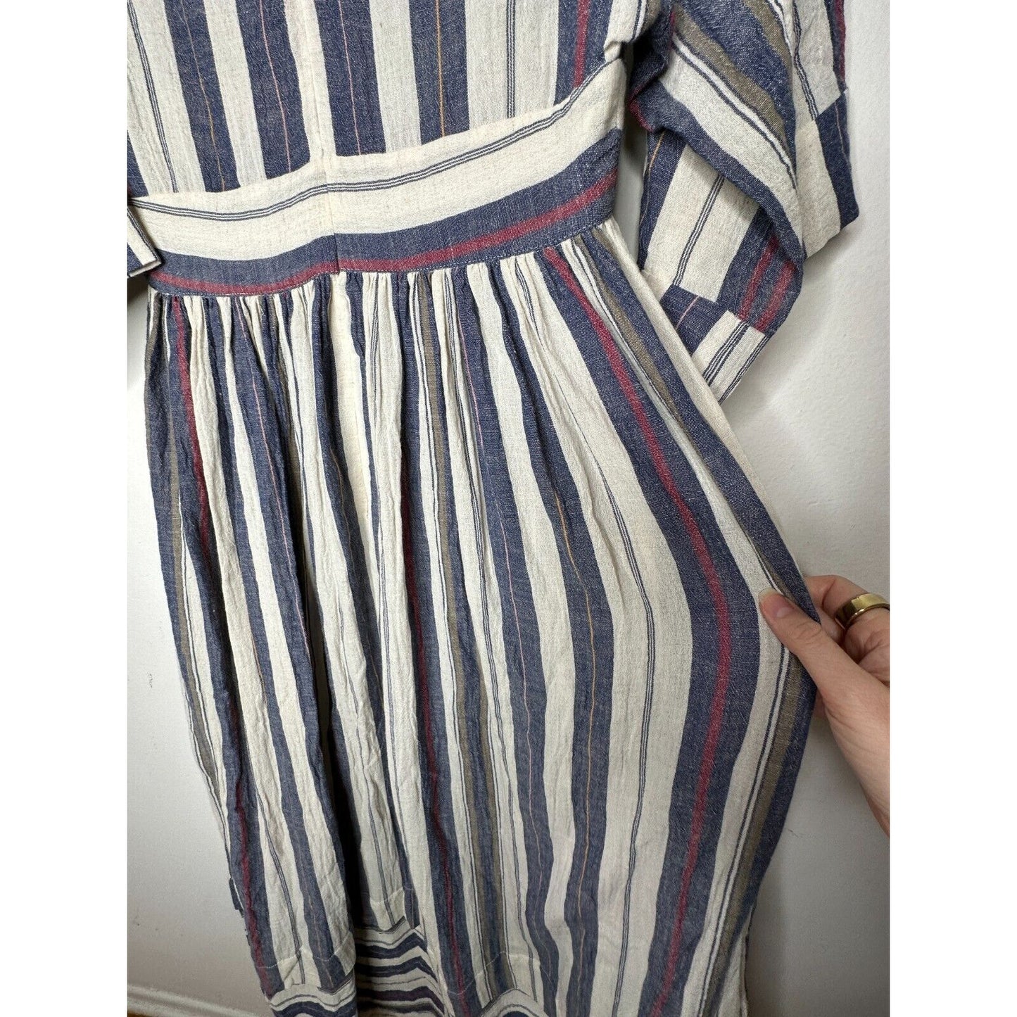 Three Graces London Ferrer Tan Blue Red Stripe Short Cuff Sleeve V-Neck Dress 10