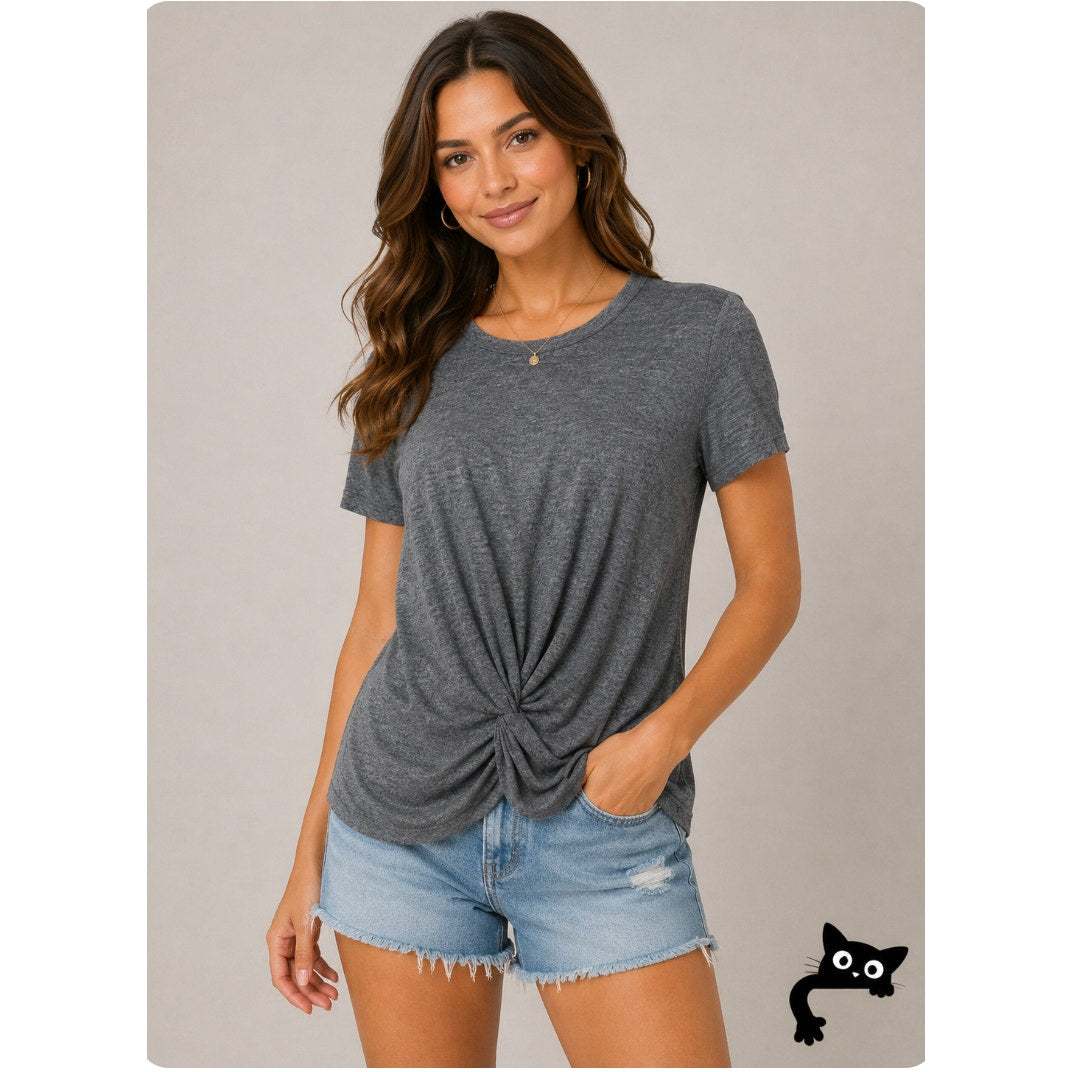 Michael Stars Short Sleeve Gray Knotted Front Round Neck T-shirt Oversized XS