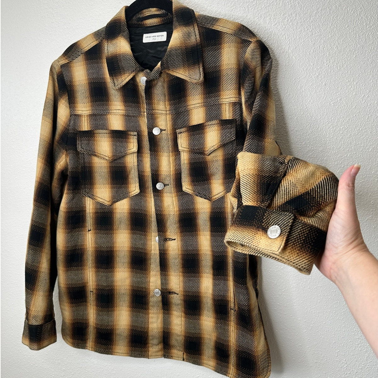 Dries Van Noten Butter Yellow Brown & Black Plaid Flannel Overshirt L