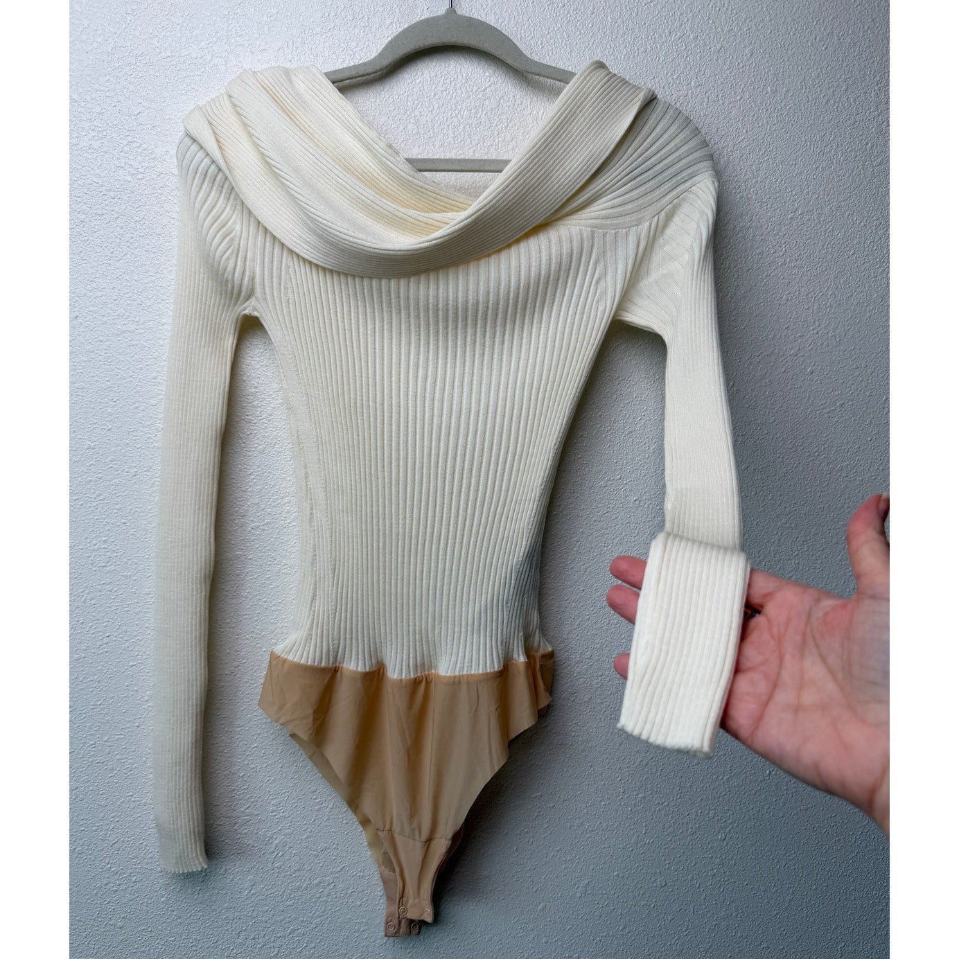 Wolford x Simkhai Ribbed Off Shoulder Wool Bodysuit Cream S