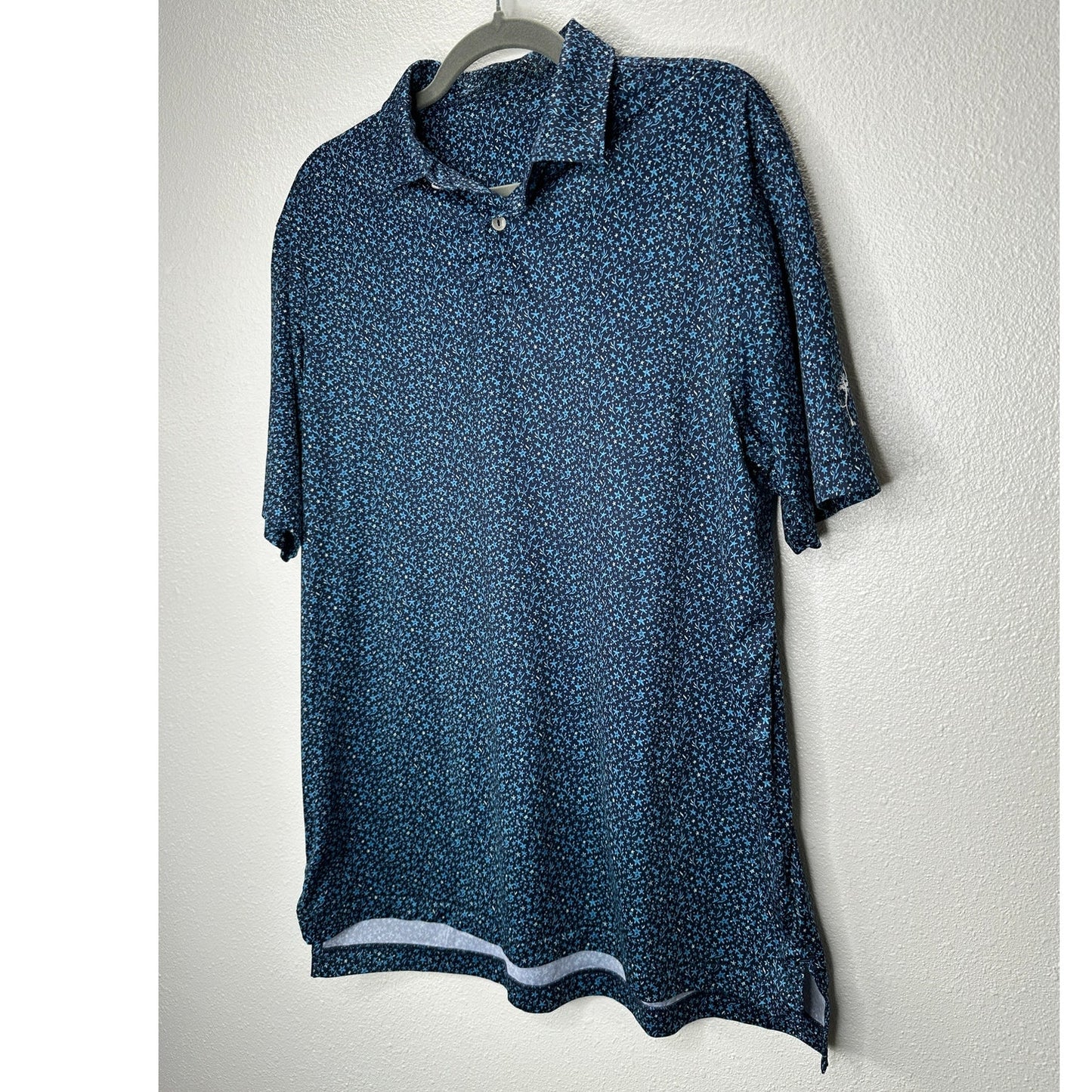 Black with Blue Ocean Starfish Print Polo Golf Shirt Short Sleeve Large
