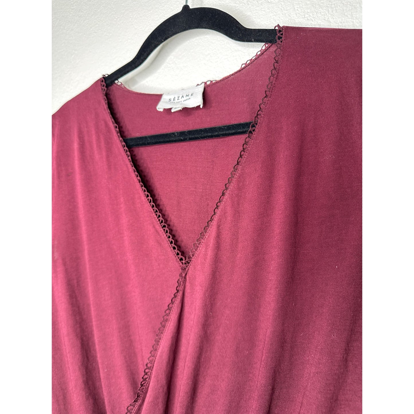 Sezane Burgundy & Black Thibault Bodysuit Crossover Neckline Short Sleeve