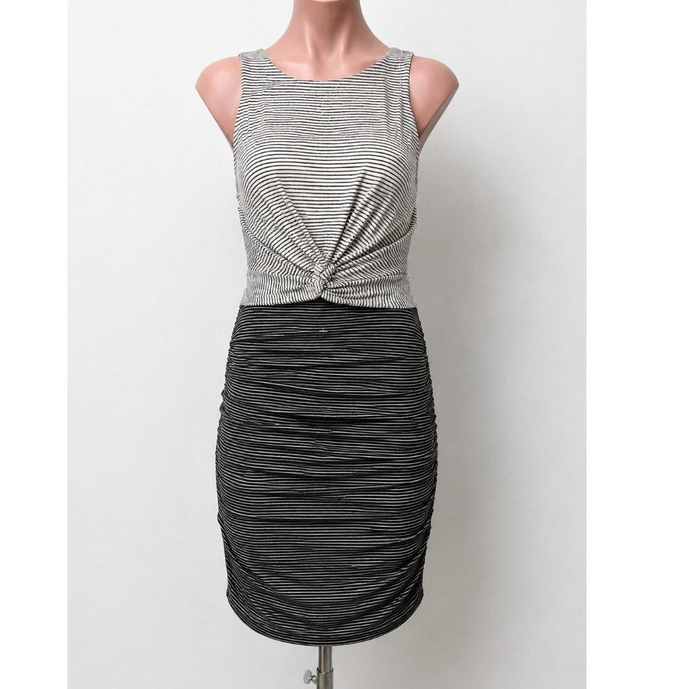 Allison Joy Kit Striped Twist Front Ruched Knit Dress Black and White Dress XS