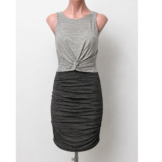 Allison Joy Kit Striped Twist Front Ruched Knit Dress Black and White Dress XS
