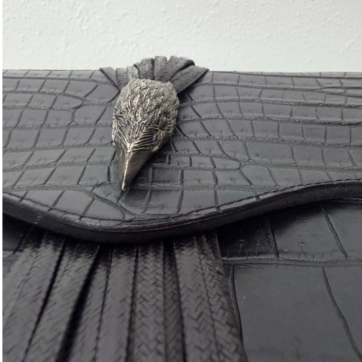 RARE Raven Kauffman Couture Black Croc Leather Bird Head Envelope Clutch Bag