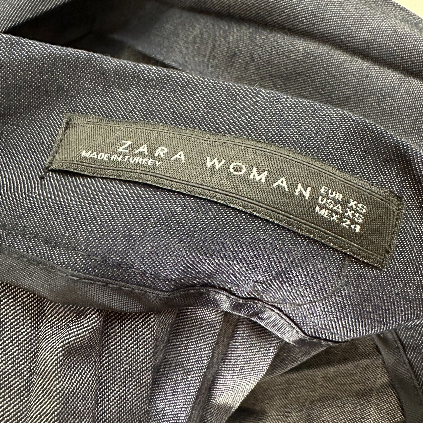 Zara Dark Blue Wash Box Pleated Denim Look Midi Skirt Waistband Side Zipper XS