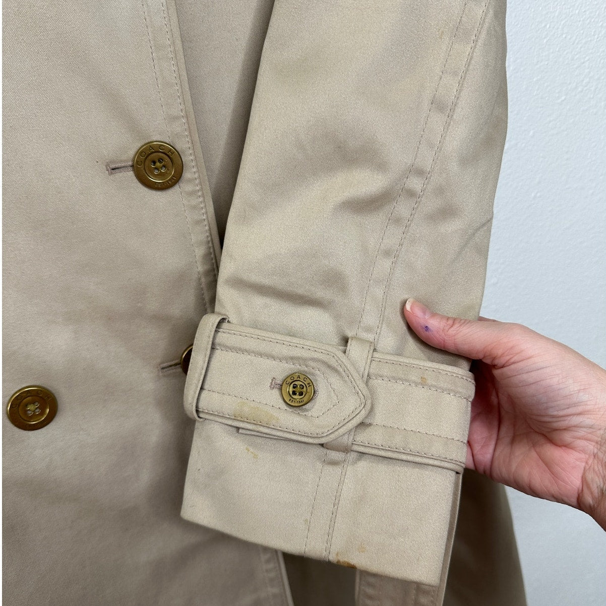 Coach Tan Double Breasted Tie Belt Trench Coat Gold Buttons Small